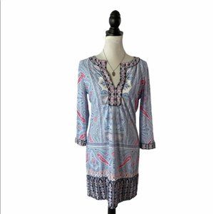 BCBGMaxAzria White and Blue Floral Tunic Dress S